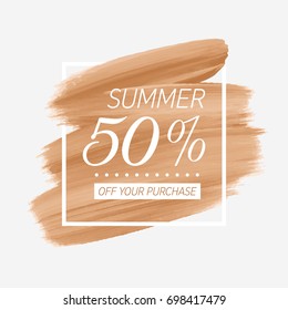 Summer Sale 50% off sign over watercolor art brush stroke paint abstract background vector illustration. Perfect acrylic design for a shop and sale banners.