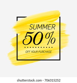 Summer Sale 50% off sign over watercolor art brush stroke paint abstract background vector illustration. Perfect acrylic design for a shop and sale banners.