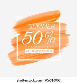 Summer Sale 50% off sign over watercolor art brush stroke paint abstract background vector illustration. Perfect acrylic design for a shop and sale banners.