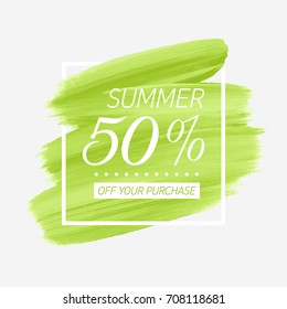 Summer Sale 50% off sign over watercolor art brush stroke paint abstract background vector illustration. Perfect acrylic design for a shop and sale banners.