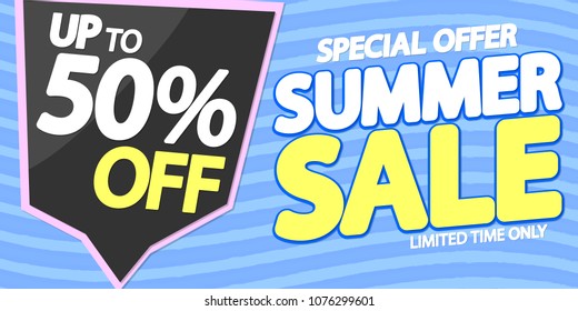 Summer Sale, up to 50% off, special offer, poster design template, vector illustration