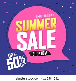 Summer Sale up to 50% off, speech bubble banner design template, discount tag, vector illustration