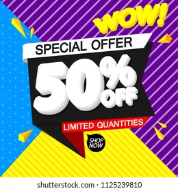 Summer Sale 50% off tag, discount banner design template, special offer, app icon, vector illustration