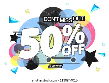 Summer Sale 50% off tag, discount banner design template, app icon, don’t miss out, vector illustration