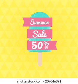 Summer Sale 50% off. Vector triangular background with popsicle and banner.