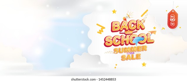 Summer Sale 50% Offer For Back To School. Original Font Inscription With Paper Airplane Against The Sky With Clouds. Vector Education Concept.