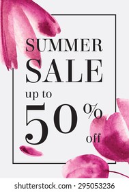 Summer Sale Up To 50 Per Cent Off. Watercolor Design. Web Banner Or Poster For E-commerce, On-line Cosmetics Shop, Fashion & Beauty Shop, Store. 