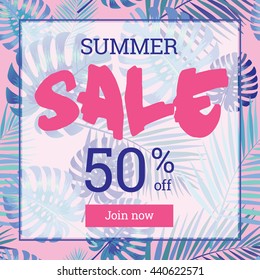 Summer sale up to 50 per cent off. Web-banner or poster with palm leaves. EPS 10