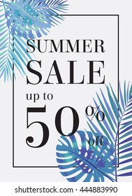 Summer sale up to 50 per cent off. Web-banner or poster with palm leaves. EPS 10