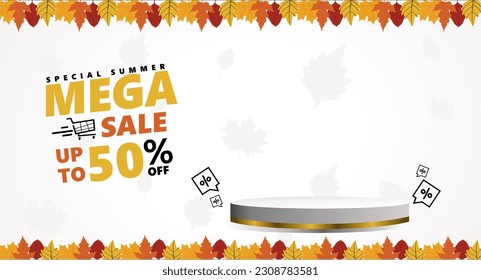 summer sale 50 percent discount sale banner template with stage podium product space. leaf ornament vector illustration. isolated on white background