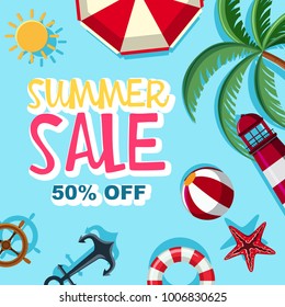 Summer sale 50 percent off poster design illustration