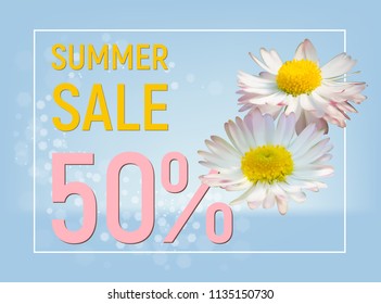 Summer sale 50 percent off banner with daisy flowers on blue background