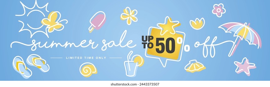 Summer Sale up to 50% percent off speech bubble handwritten typography lettering line design colorful ice cream parasol shells starfish thongs cocktail flowers butterflies and sun blue greeting card