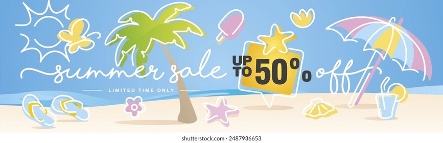 Summer Sale up to 50 percent off. Handwritten typography. Line design with colorful summer elements on the beach background