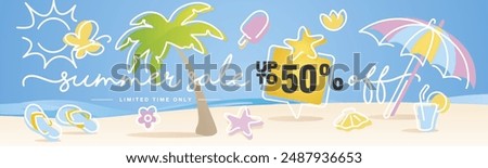 Summer Sale up to 50 percent off. Handwritten typography. Line design with colorful summer elements on the beach background