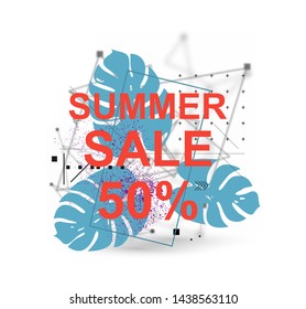 Summer sale 50% - poster. Abstract illustration with palm leave, geometric shapes, and polygonal background. Vector illustration