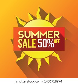summer sale 50% square rectangle clean web banner  simple clean flat long shadow icon illustration for web design, element, print and presentation 