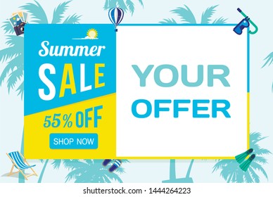 Summer sale. 55% off. Vector illustration template. Sale for shopping, promo poster, frame, web banner.  