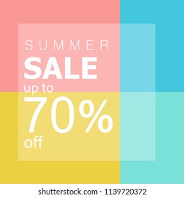 Summer sale up to 70 off. white text and tag on fresh summer colored background.minimal design.flat lay.
