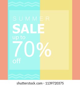Summer sale up to 70 off. white text and tag on fresh summer colored background.minimal design.flat lay.