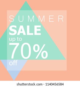 Summer sale up to 70 off. white text and tag on fresh summer colored background.minimal design.flat lay.