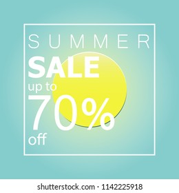 Summer sale up to 70 off. white text and tag on summer sun background.minimal design.flat lay.