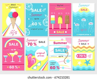 Summer sale up to 70 percent promotional posters set with ice cream, jellyfishes in water, tasty cocktails, pink flipflops and beach vector illustrations.