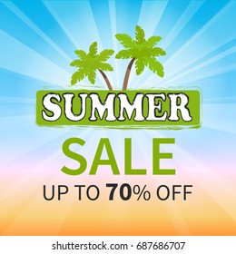 Summer sale up to 70 percent promotional poster with text on background of sunny landscape with palm leaves and sun rays