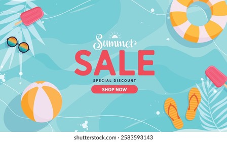 Summer sale abstract background clipart design.  Summer sale template poster card clip art for holiday season special offer shopping discount with tropical elements vector illustration.