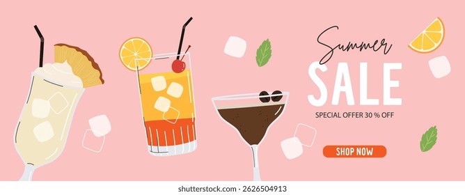 Summer Sale fundo abstrato. Banner de estação com coquetéis e frutas cítricas Ilustração