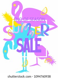 Summer sale abstract banner with bright letters and silhouettes of flamingo and pineapple. Vector illustration