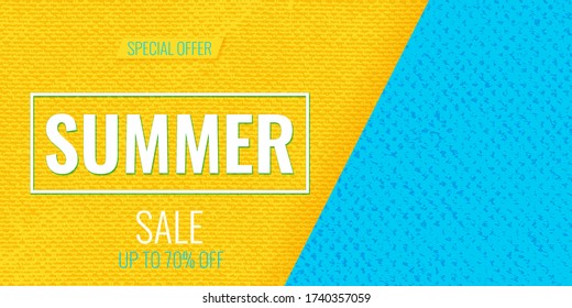 Summer Sale abstract blue sea water and yellow sand background with empty place for text. Template for summer sale design frame, fashion gift card, banner, poster, flyer. Vector illustration.