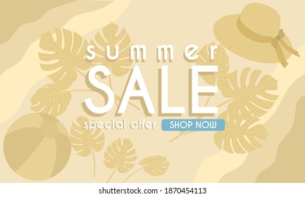 Summer sale abstract flat background, minimalist color, tropical leaves background, poster, web site, greeting card