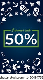 Summer Sale Abstract poster on blue Background with green symbols. Vector Illustration