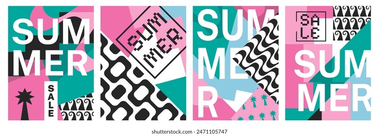 Summer sale abstract posters. Geometrical summer vibe template designs vector set.