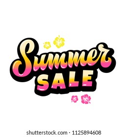 Summer Sale Abstract Vector Hand Lettering Gard, Sign or Poster Template. With Hawaii Flowers and Pink Yellow Gradient. Isolated.
