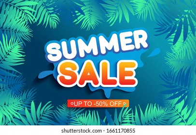 Summer sale ad background with leaves, stem isolated on blue sky backdrop. Minimal style floral background. Discount text offer 50 percent off. Vector illustration.