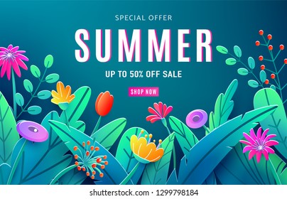 Summer sale ad background with paper cut fantasy flowers, leaves, stem isolated on dark backdrop. Minimal 3d style floral background. Discount text offer 50 percent off. Vector illustration.