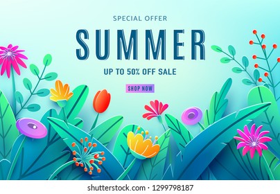 Summer sale ad background with paper cut fantasy flowers, leaves, stem isolated on light blue backdrop. Minimal 3d style floral background. Discount text offer 50 percent off. Vector illustration.