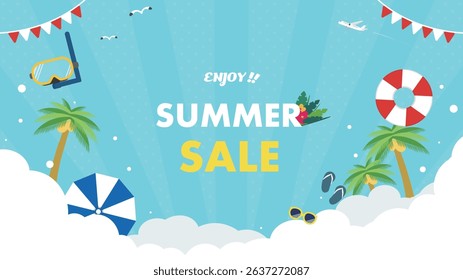 Summer sale ad background template decorated with a float and goggles (blue)