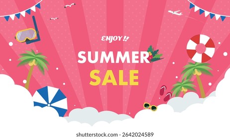 Summer sale ad background template decorated with a float and goggles (pink)