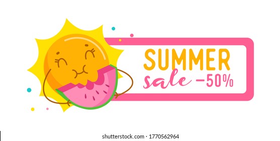 Summer Sale Ad Banner with Funny Sun Enjoying Eating Watermelon. Cute Cartoon Character Summertime Activity, Kawaii Personage Relaxing on Holidays Isolated on White Background. Vector Illustration