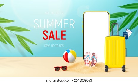 Summer sale ad banner template. Bright banner with phone, tropical plants, sand, sunglasses, flip flops, inflatable ball and luggage. Vector 3d ad illustration for promotion of summer goods.