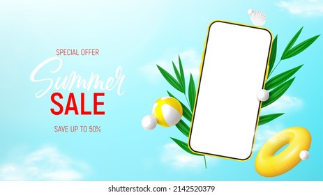 Summer sale ad banner template. 3d banner with smartphone, tropical plants, seashell, clouds, inflatable ring and ball. Vector 3d ad illustration for promotion of summer goods.