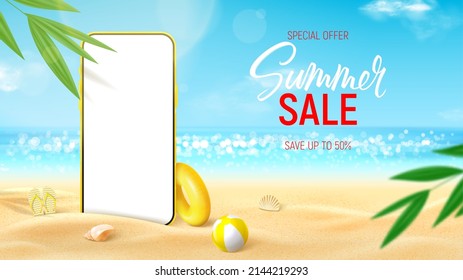 Summer sale ad banner template. Banner with smartphone on beach sand with sunglasses, tropical plant, seashells, inflatable ball and ring. Vector 3d ad illustration for promotion of summer goods.