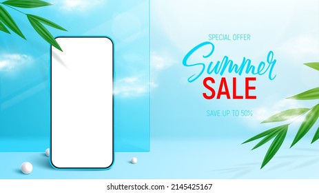 Summer sale ad banner template. 3d banner with smartphone, tropical plants, pearl, glass and clouds. Vector 3d ad illustration for promotion of summer goods.