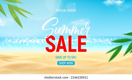 Summer sale ad banner template. Sea coast with sunny sky and clouds. Beautiful summer scene with blue sky, clouds and tropical plants. Vector 3d ad illustration for promotion of summer goods.