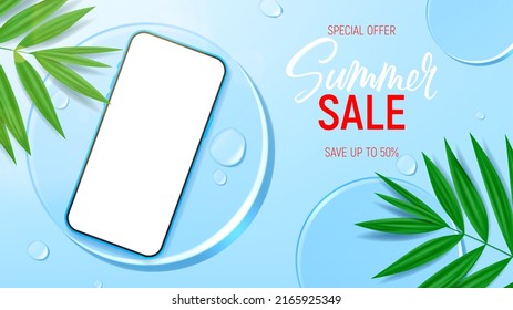 Summer sale ad banner template. Vector illustration with smartphone, water drops, leaves and glass circles. Promo banner for presentation summer goods. Flatlay background.
