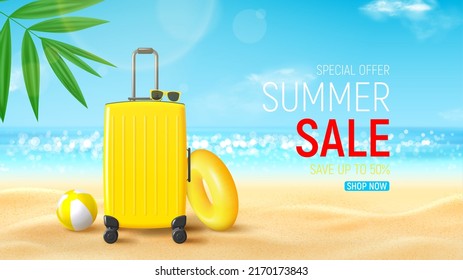 Summer sale ad banner template. 3d banner with suitcase, sunglasses, inflatable ring and ball on sea beach. Vector 3d illustration for promotion of summer sale. Landscape of scenic seashore.