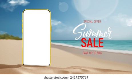 Summer sale ad banner template. Banner with smartphone on beach sand with empty sea coast and cloudy sky. Vector 3d ad illustration for promotion of summer goods and products. Phone mockup.